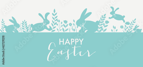 Easter bunnies border design vector illustration. Holiday background with blue bunnies, flowers, plants silhouettes isolated on white background. Text greeting sign. Simple flat style. © Alina