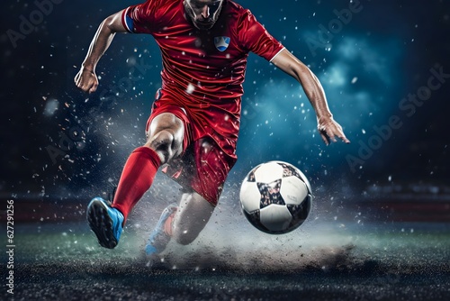 An action image of a soccer player kicking a soccer ball in the stadium with the aim to score a goal, The football player is ambitious to score the goal and escape from competitors, The ball in air © Fahad