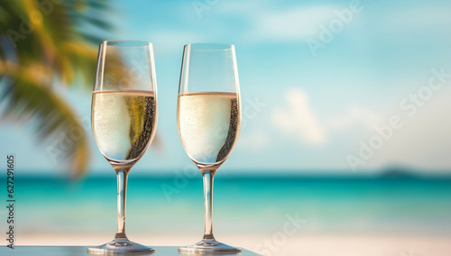 two glasses of white champagne in tropical ocean setting on background, in the style of tilt-shift lenses, light red and dark navy