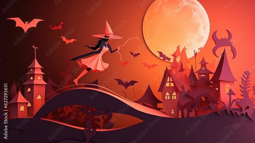 Happy halloween or party invitation orange purple blue papercut origami background with violet fog clouds sky, bats, cats, castle house, tombstone and scary pumpkins. Halloween sale. Generative AI Happy halloween or party invitation orange purple blue papercut origami background with violet fog clouds sky, bats, cats, castle house, tombstone and scary pumpkins. Halloween sale. Generative AI