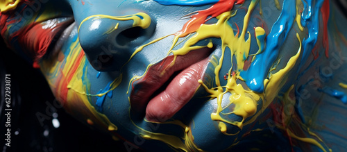 dark colorful painting of a woman lips with colorful paint covering her face, in the style of photorealistic detail, zbrush, emotional gestures, made of plastic © IgnacioJulian