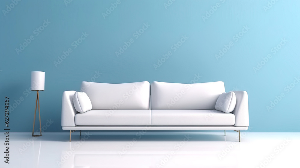 minimal design appartment, modern living-room, colourful furniture, perpendicular composition, center perspective, very detailed, photorealistic, photographic, couch - obrazy, fototapety, plakaty 