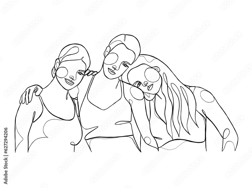 Continuous one line drawing of girl best friends illustration. Vector illustration.