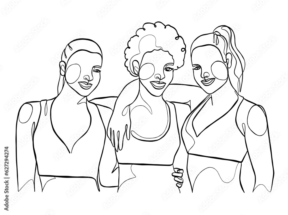 Continuous one line drawing of girl best friends illustration. Vector illustration. Continuous one line drawing of girl best friends illustration. Vector illustration.