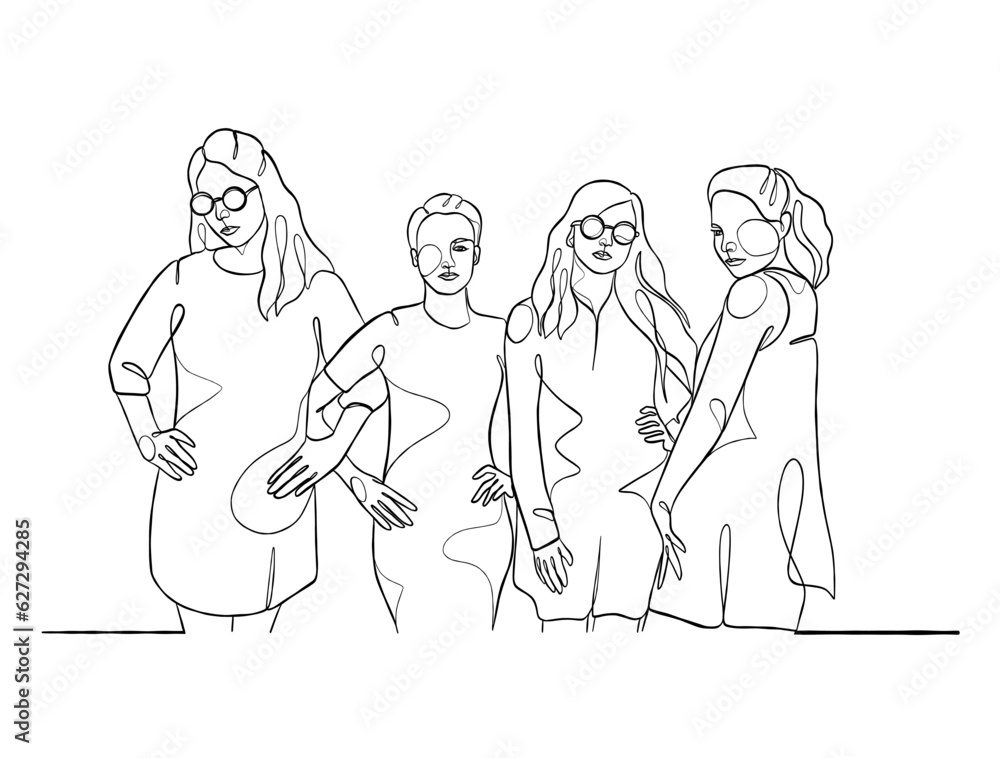 Continuous one line drawing of girl best friends illustration. Vector illustration. Continuous one line drawing of girl best friends illustration. Vector illustration.