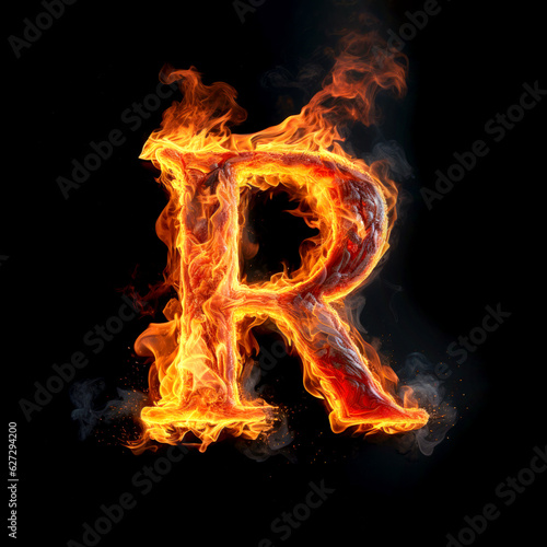 Capital letter R consisting of a flame. Burning letter R. Letter of fire flames alphabet on black background.