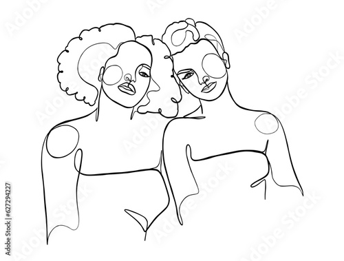 Continuous one line drawing of girl best friends illustration. Vector illustration.
