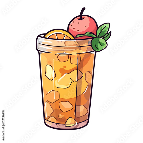 016. peach mango iced tea sticker cool colors kawaii clip art illustration. Transparent background. Generative Ai