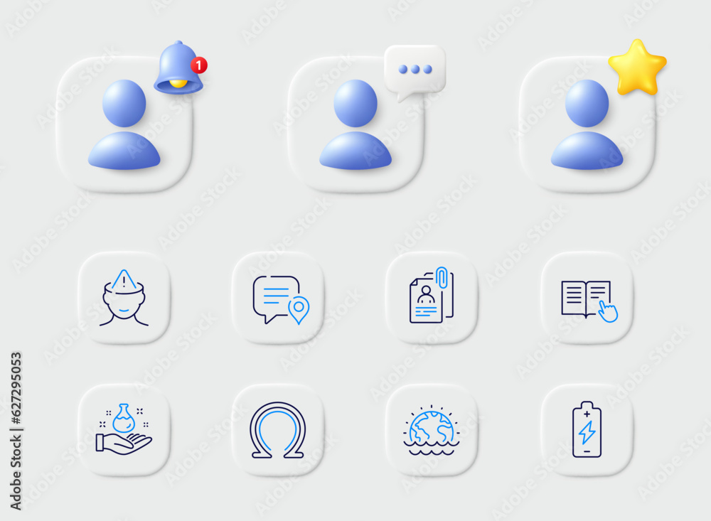 Disaster, Battery charging and Interview documents line icons. Placeholder with 3d star, reminder bell, chat. Pack of Chemistry lab, Omega, Mental health icon. Vector Disaster, Battery charging and Interview documents line icons. Placeholder with 3d star, reminder bell, chat. Pack of Chemistry lab, Omega, Mental health icon. Vector