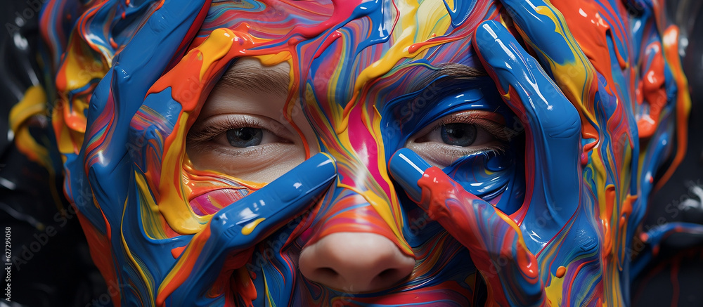 dark colorful painting of a woman with colorful paint covering her face, in the style of photorealistic detail, zbrush, emotional gestures, made of plastic