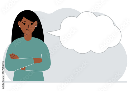Woman arms crossed next to big bubble of thoughts. Place for text.