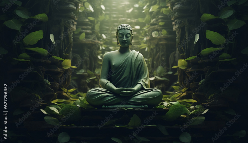 buddha in meditation, background with leaves,  naturalistic poses, photorealistic rendering, futuristic organic, green  - obrazy, fototapety, plakaty 