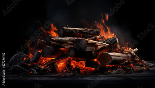 fireplace black background with fire and logs, still life, camp core, lively and energetic, wood