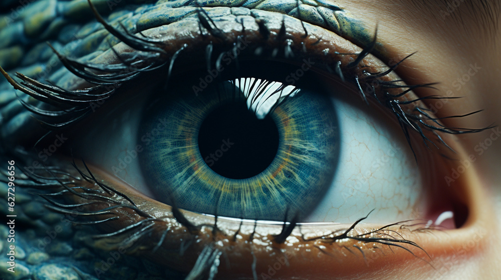 Close up image of a woman's eyes, dark navy and aquamarine. Generative AI.