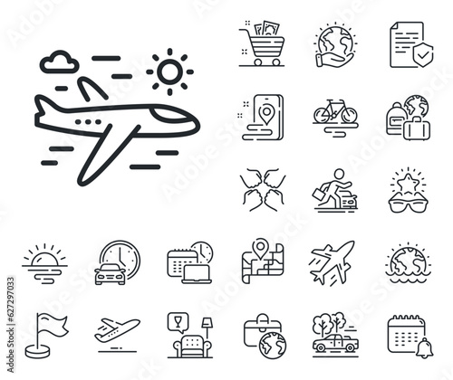 Trip flight sign. Plane jet, travel map and baggage claim outline icons. Airplane travel line icon. Holidays symbol. Airplane travel line sign. Car rental, taxi transport icon. Place location. Vector