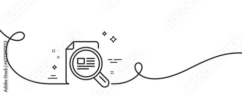 Check article line icon. Continuous one line with curl. Copyright sign. Magnifying glass symbol. Check article single outline ribbon. Loop curve pattern. Vector