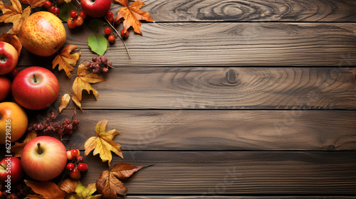 Thanksgiving pumpkins and leaves with a large wooden background. Space for text. Generative AI.