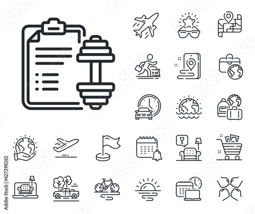 Workout plan sign. Plane jet, travel map and baggage claim outline icons. Dumbbell line icon. Gym fit report symbol. Dumbbell line sign. Car rental, taxi transport icon. Place location. Vector