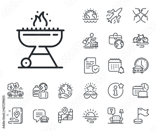 Barbecue cooker for cooking food sign. Plane jet, travel map and baggage claim outline icons. Grill line icon. Meat brazier with fire symbol. Grill line sign. Car rental, taxi transport icon. Vector
