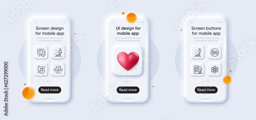 Musical note, Phone search and Stats line icons pack. 3d phone mockups with heart. Glass smartphone screen. Chemistry atom, Fake news, Charge battery web icon. Clock, Bitcoin graph pictogram. Vector