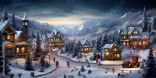 A beautiful outdoor christmas scene illustration of a christmas house with snow winter landscape in a village Festive Holiday Landscape with Snow    © Faiza