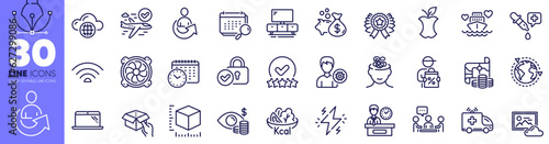 Photo cloud, Honeymoon cruise and Verified locker line icons pack. People chatting, Wifi, Salad web icon. Calendar, Anxiety, Presentation time pictogram. Business vision, Calendar time. Vector