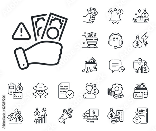 Money bribe crime sign. Cash money, loan and mortgage outline icons. Fraud line icon. Cash scam symbol. Fraud line sign. Credit card, crypto wallet icon. Inflation, job salary. Vector