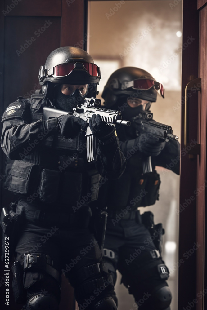 Special Police Task Force Conducting a Raid in Full Tactical Gear and Armed with Rifles - AI generated
