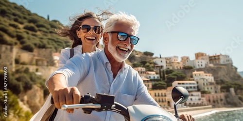 Retired happy couple on a scooter in a Mediterranean country on a vacation. Pension and insurance plan . High quality image. Generative AI.