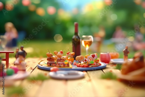 Joyful Gathering: People Enjoying a Festive Outdoor Summer Party with Lavishly Set Tables - AI generated