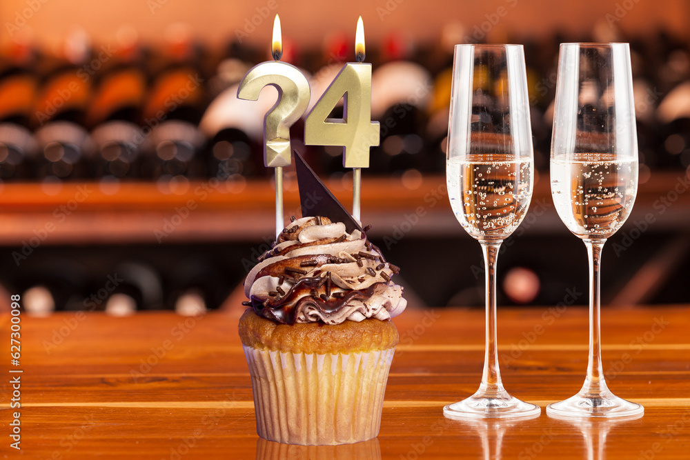 Cupcake With Numbers And Glasses With Wine For Birthday Or Anniversary