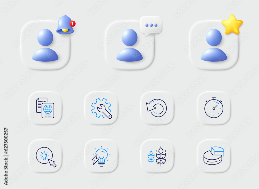 Passport document, Timer and Customisation line icons. Placeholder with 3d star, reminder bell, chat. Pack of Energy, Electricity bulb, Gluten free icon. Pie chart, Recovery data pictogram. Vector Passport document, Timer and Customisation line icons. Placeholder with 3d star, reminder bell, chat. Pack of Energy, Electricity bulb, Gluten free icon. Pie chart, Recovery data pictogram. Vector