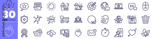 Online shopping, Face declined and Shipment line icons pack. Internet pay, Heart, Cloud upload web icon. Winner cup, Travel luggage, Coins banknote pictogram. Chemical formula. Vector