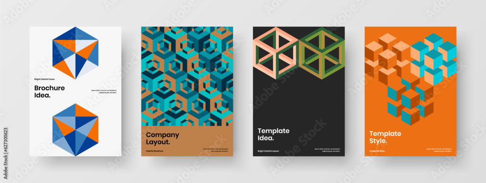 Amazing pamphlet vector design illustration bundle. Isolated geometric shapes corporate brochure template set.