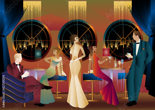 Men and women in a restaurant drinking cocktails. art deco party