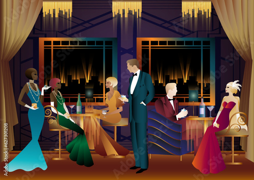 Men and women in a restaurant drinking cocktails. art deco party