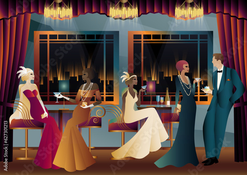 Men and women in a restaurant drinking cocktails. art deco party