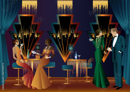 Men and women in a restaurant drinking cocktails. art deco party