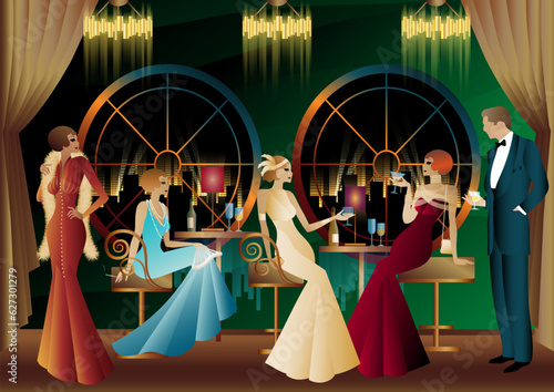 Men and women in a restaurant drinking cocktails. art deco party