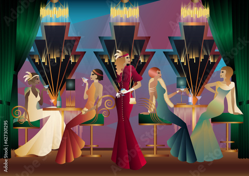 Men and women in a restaurant drinking cocktails. art deco party