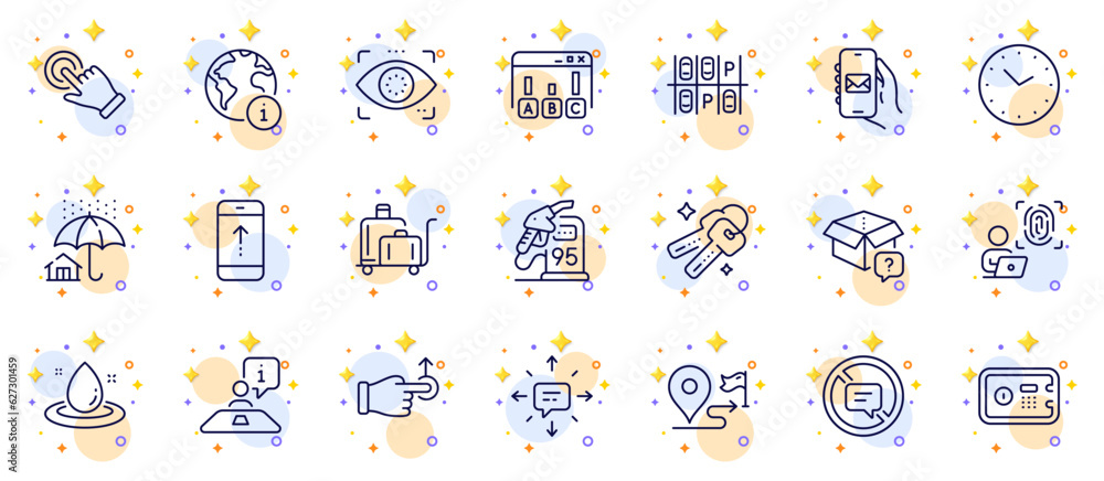 Outline set of Drag drop, Internet and Parking place line icons for web app. Include Swipe up, Petrol station, Touchscreen gesture pictogram icons. Sms, Keys, Time signs. Fuel energy. Vector Outline set of Drag drop, Internet and Parking place line icons for web app. Include Swipe up, Petrol station, Touchscreen gesture pictogram icons. Sms, Keys, Time signs. Fuel energy. Vector