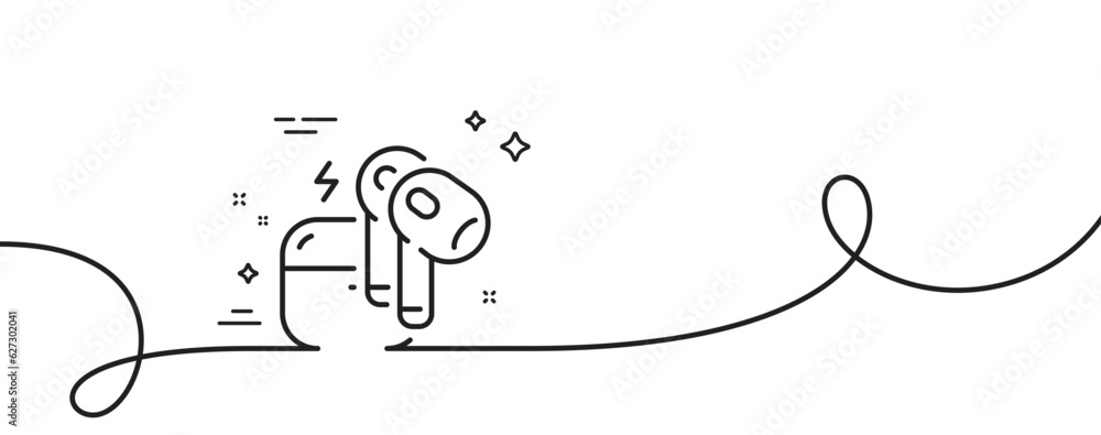 Headset line icon. Continuous one line with curl. Mobile accessories sign. Earphones or headphone symbol. Headset single outline ribbon. Loop curve pattern. Vector Headset line icon. Continuous one line with curl. Mobile accessories sign. Earphones or headphone symbol. Headset single outline ribbon. Loop curve pattern. Vector