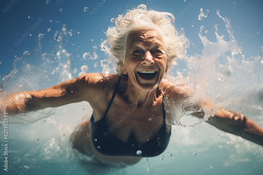 old woman swims in the pool, summer vacation, active life in retirement
