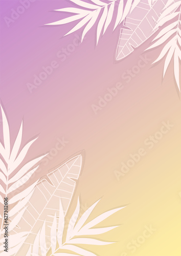 Tropical white leaves on a yellow-purple background. Template for posters, brochures, covers, screensavers and banners. Vector illustration.