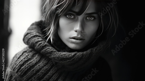 Black and white photograph of a woman hiding behind her sweater, in the style of cute and dreamy, close-up AI Generative