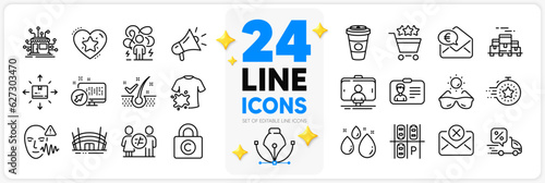 Icons set of Takeaway coffee, Dirty t-shirt and Boxes pallet line icons pack for app with Ranking star, Euro money, Water drop thin outline icon. Parking place, Cardboard box. Vector