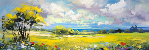 Abstract oil painting of  wild flower field with beautiful sky. Generative AI.