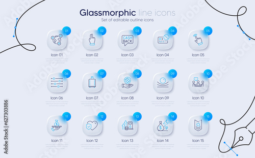 Set of Money transfer, Shoulder strap and Filter line icons for web app. Card, People chatting, Click hand icons. Fuel price, Elastic material, Video conference signs. Baggage reclaim. Vector