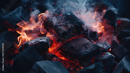 Large pile of burning coal and rocks on the grill, in the style of light indigo and dark crimson, boldly fragmented, organic material, luminous AI Generative