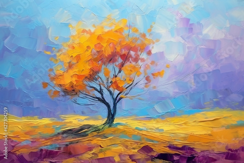 Alone tree in autumn at sunset time, oil painting style, Generative AI © pomiti